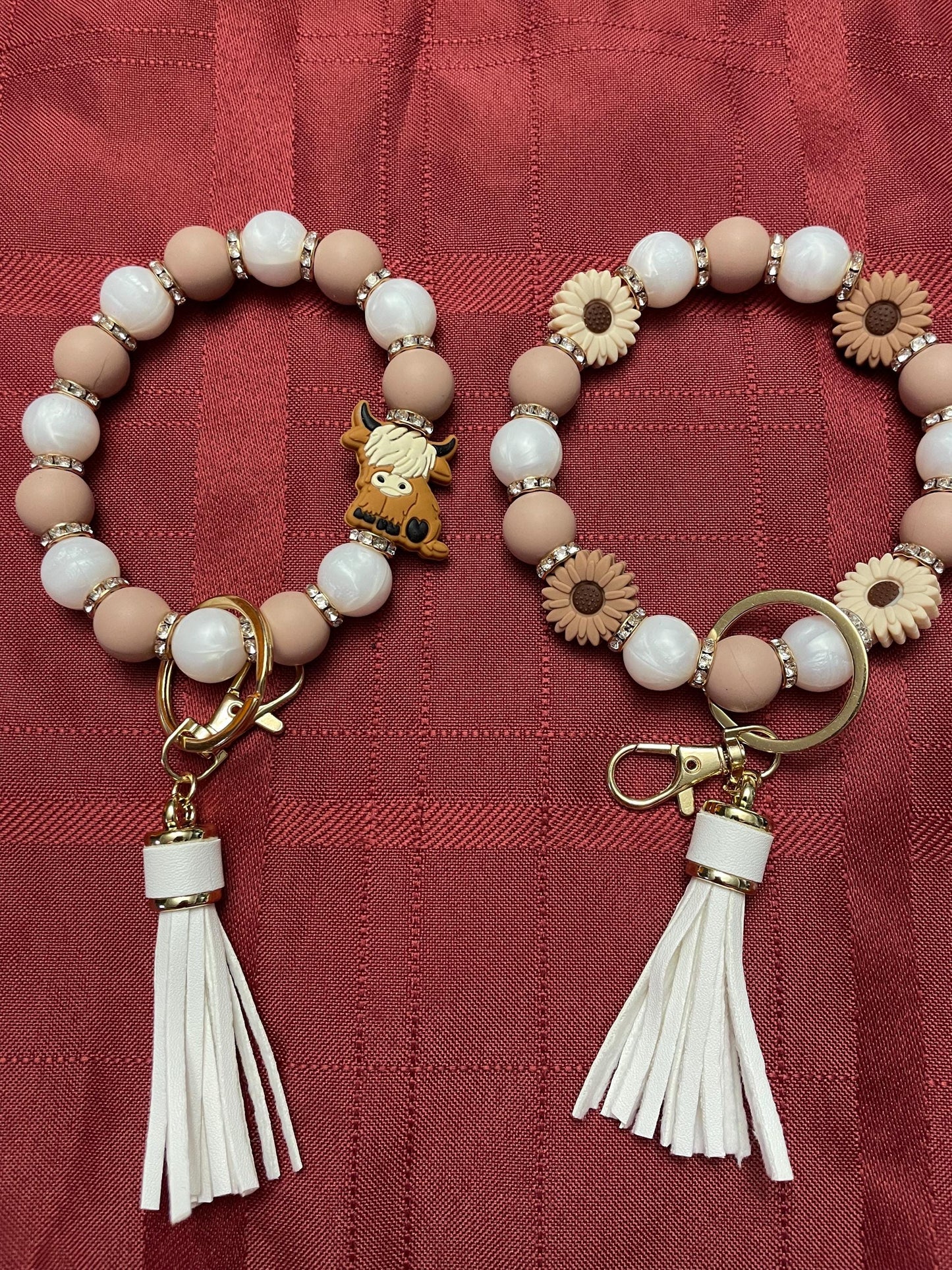 Beaded Wrist Keychain with Tassel and Highland Cow Charm