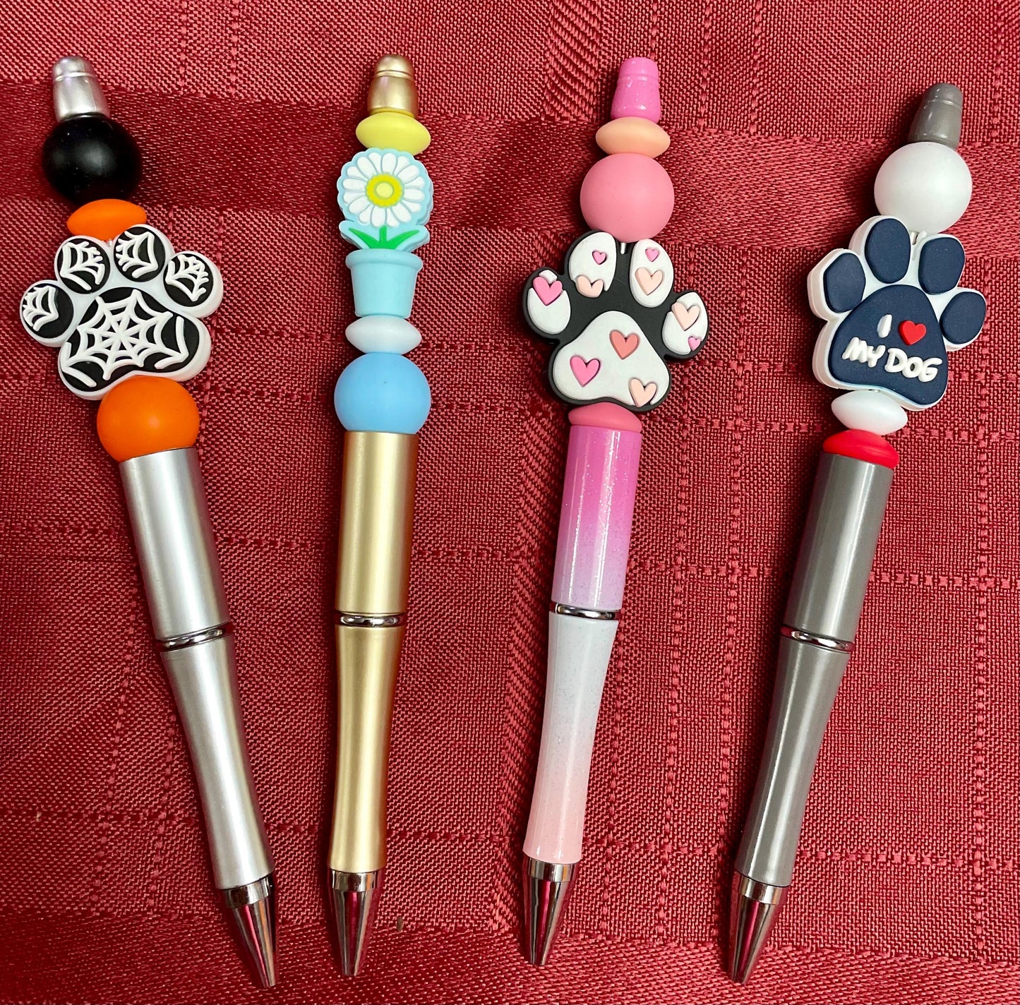 Beaded Pens with Paw Print, Flower, Spiderweb Designs – Black Ink